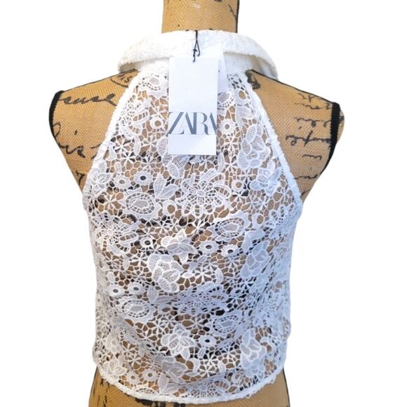 NEW Zara XS crochet lace button up white halter top - Picture 3 of 4